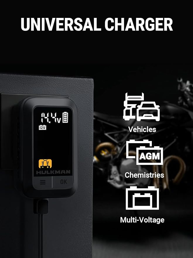 HULKMAN Sigma 1 Car Battery Charger - 1A 6V/12V Automatic Smart Trickle Charger, Battery Maintainer, and Desulfator with Intelligent Interface