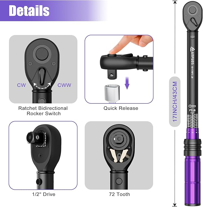 1/2 Inch Drive Click Torque Wrench,10-170 Ft-Lb/13.6-230.5 Nm, Dual-direction Adjustable Torque Wrench with Dual Range Scales, 72 Tooth, ±3% High Precision for Moto, Car Maintenance