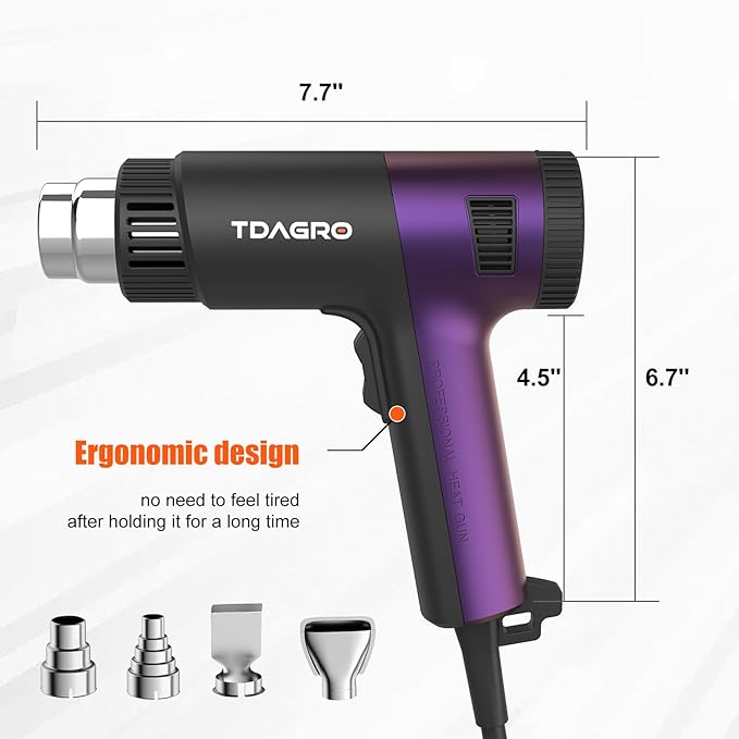 Heat Gun 1800W - Fast-Heat Hot Air Tool with Adjustable Temperature 122℉-1202℉(50℃-650℃),Two fan speeds Overload Protection 4 Nozzles for Shrink Tubing,vinyl wrap,crafting,Resin DIY.