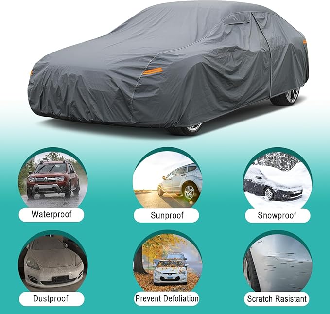 16 Layers Car Cover Waterproof All Weather, Heavy Duty Full Exterior Cover Universal Fit Coupe Pontiac Firebird/Trans Am, Chevy Malibu/Chevelle, Dodge Charger, Hyundai Genesis, Jaguar XJ etc.