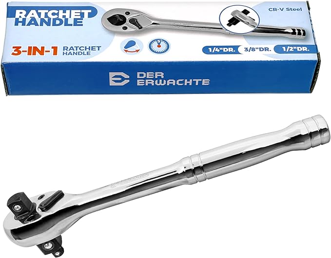 3-IN-1 Ratchet Handle, 1/4", 3/8", 1/2", Ratchet Wrench, Socket Wrench, 72-Tooth, Reversible Switch, Full-Polished Chrome Plating, Chromium Vanadium Steel
