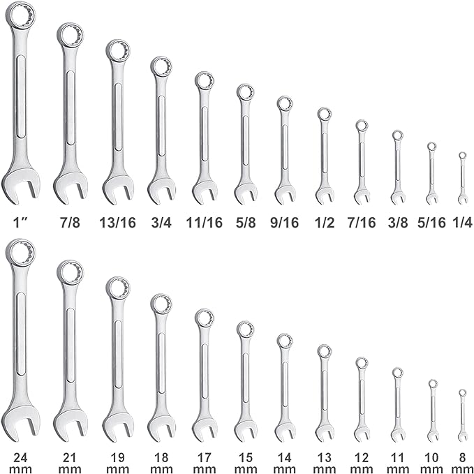 24-Piece All-Purpose Master Combination Wrench Set with Roll-up Pouch | SAE 1/4” to 1”, Metric 8mm to 24mm | Perfect for General Household, Garage, Auto Repairs, Car, Truck, Boat, and Travel Emergency