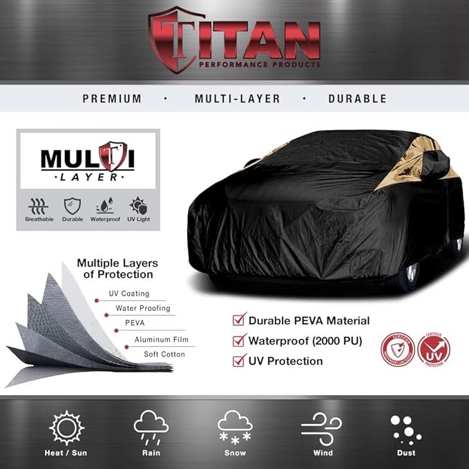 Titan Premium Multi-Layer PEVA Car Cover for Compact Sedans 176-185". Waterproof, UV Protection, Anti-Scratch Protective Lining, Driver-Side Zippered Opening. Fits Corolla, Sentra, Cruz and More.
