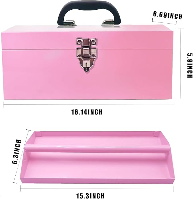 16" Portable Metal Toolbox Large Tool Box 18-Gauge Fishing Tackle Box Tool Box Drawer Organizer With Metal Latch and Handle Pink