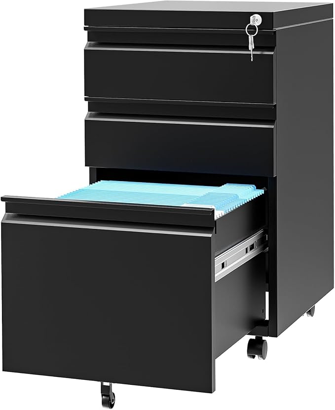 GAOMON 3-Drawer Mobile File Cabinet with Lock, Metal Filing Cabinet on Wheels, Fits Letter/Legal/A4 Files, Space-Saving Under Desk Office Storage Organizer for Home Office, Easy Assembly, Black