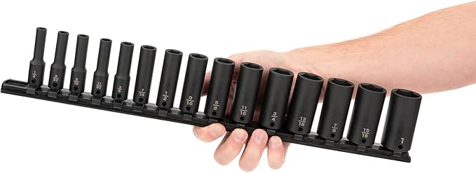 TEKTON 3/8 Inch Drive Deep 6-Point Impact Socket Set with Rail, 15-Piece (1/4-1 in.) | SID91105
