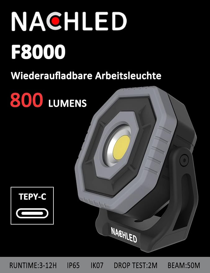 Work Light，800lm Pocket Mechanic Light，Type-C Rechargeable 2600mAh, 360° Rotating Magnetic Stand, IP65,for Car Repair,DIY & Maintenance(Gray)
