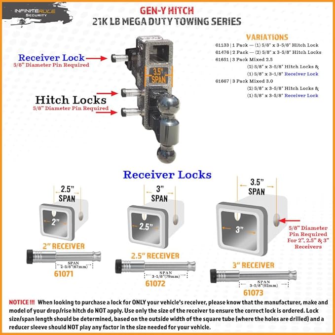 61667 | 3 Pack Mixed 3.0, Keyed Alike, Hitch Locks for Gen-Y Hitch Mega Duty 21K LB Series - Includes Lock for 3.0" Receiver