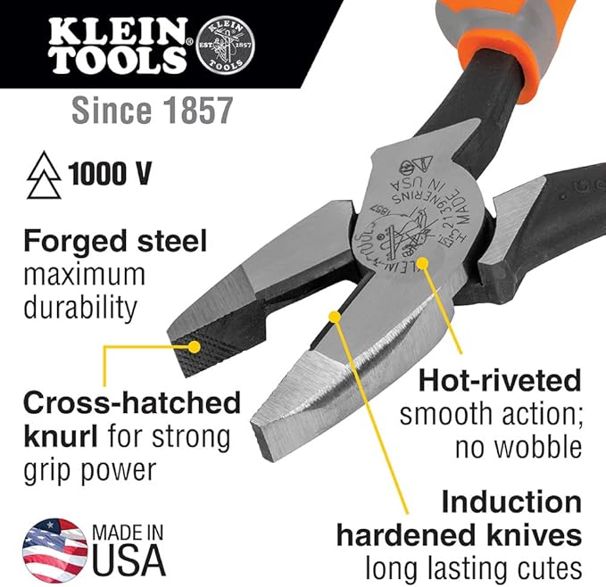 Klein Tools 2139NERINS 1000V Insulated Side Cutter Pliers, Made in USA, High Leverage Design, Induction Hardened Knives, 9-Inch