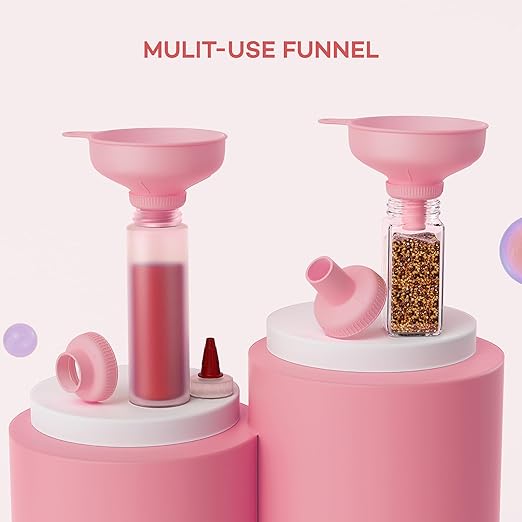 Pisol Wide Mouth Versatile Funnel, Canning Funnels for Kitchen Use, Food Grade Plastic Cooking Funnel Set with 4 Size Spouts and 2 Strainers for Filling Different Bottles and Bags, Pink