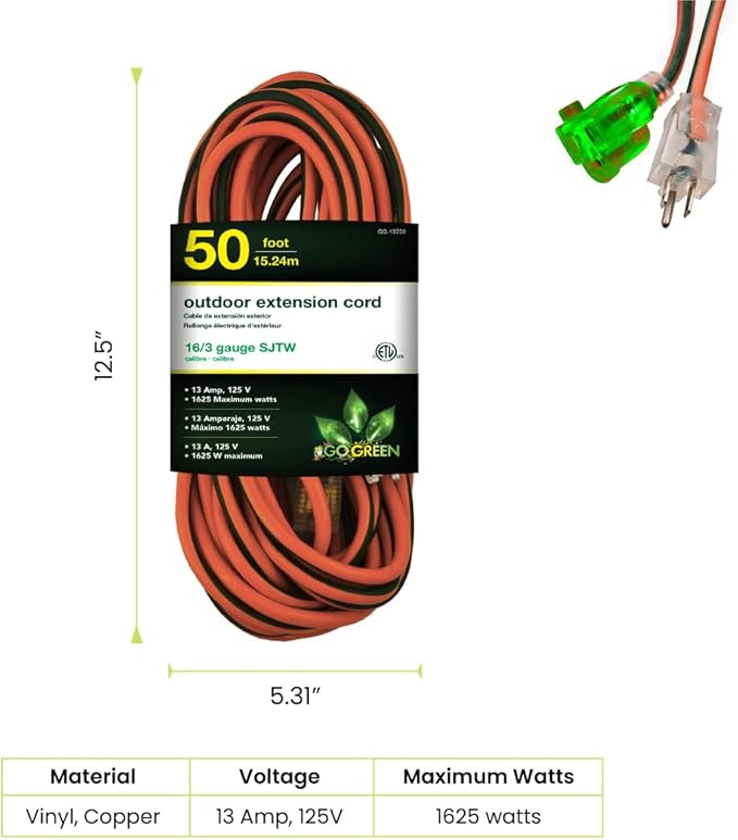 Power By GoGreen Go Green Power Inc. 16/3 50-Foot Outdoor Extension Cord - Heavy-Duty, Weatherproof, GG-13750
