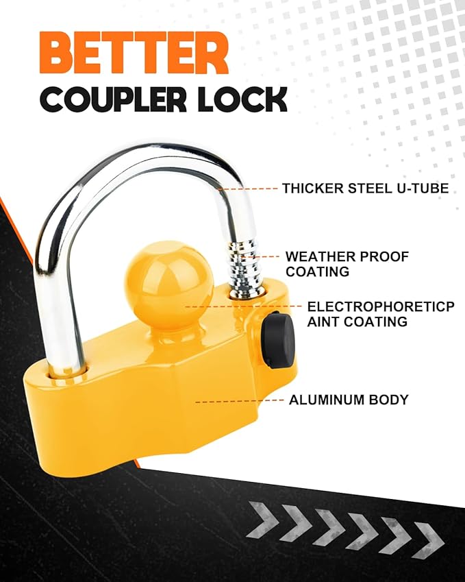 DEEAGLE Trailer Ball Coupler Lock, Heavy Duty Trailer Ball Hitch Lock Fits 1-7/8 Inch, 2 Inch, 2-5/16 Inch Couplers, Hitch Lock with Keys, Yellow