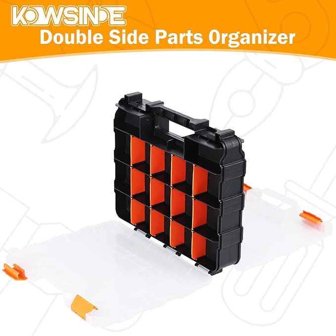 Kowsinde Double Side Tool Organizer, Hardware Storage Box, 34-Compartments Small Parts Organizer with Removable Dividers for Screws, Nuts, Nails, Bolts