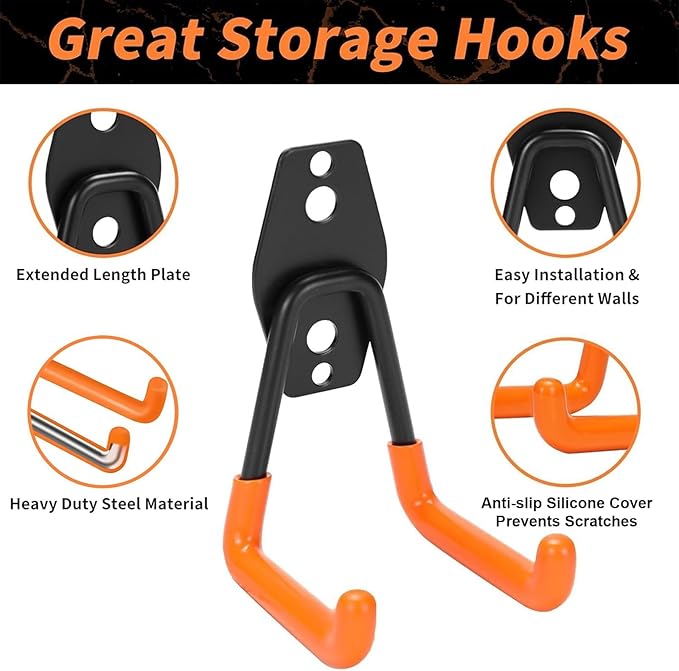 EZ COZY 16 Pack Garage Hooks Heavy Duty – Wall Mount Utility Hooks for Hanging, Garage Organization, Tool Hangers for Garage Wall, Ladder Holders, Assorted Sizes with Mounting Screws (Orange)