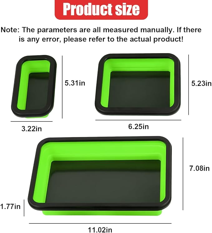 3PCS Collapsible Magnetic Parts Tray Set, Silicone Foldable Magnetic Tool Tray in 3 Different Size for Storage Organizer Screw Bolts Washers Nuts Pins & Other Small Metal Parts (Green)