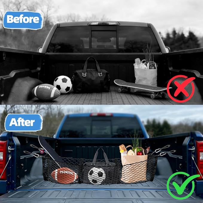 3 Pocket Truck Bed Cargo Net, Universal Mesh Storage Organizer, Black Nylon, 51.1 x 11.8 Inches Stretchable to 62 Inches, Compatible with Ford Chevy GMC Dodge Toyota Pickup Trucks