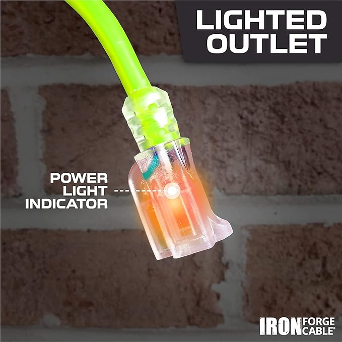 Iron Forge Cable Weatherproof 100 Ft Outdoor Extension Cord - 16/3 SJTW 13 Amp Heavy Duty Neon Green High Visibility Cable with 3 Prong - Lighted End