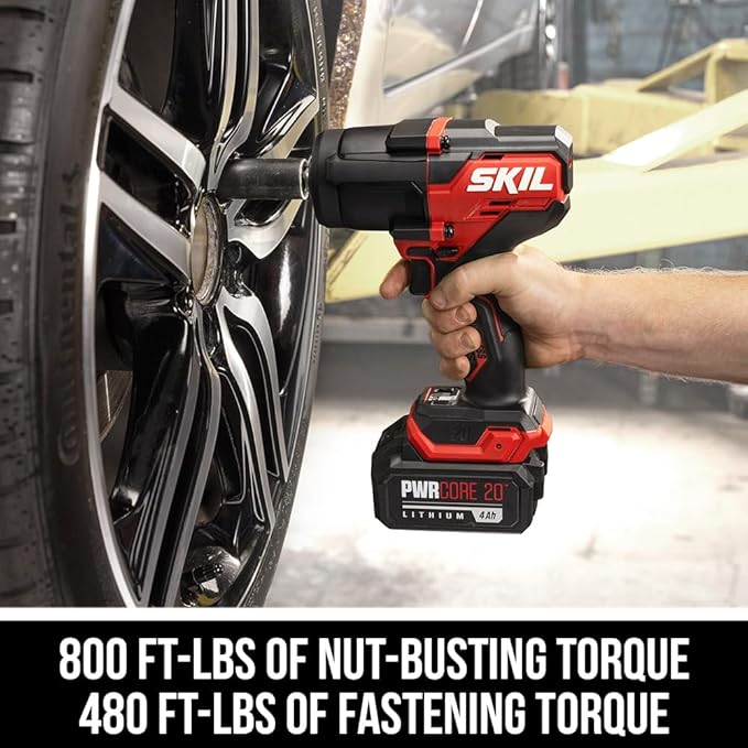 SKIL PWR CORE 20 Brushless 20V 1/2-Inch Mid-Torque Impact Wrench Kit, Includes 4.0 Ah Battery and Auto PWRJump Charger- IW5761B-10