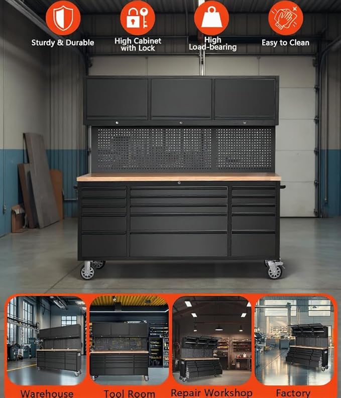 72-inch Rolling Tool Chest Cabinet Garage Workbench with 15 Storage Drawers and Wheels, 3 Upper Cabinet, Pegboard, Steel Large Tool Box for Garage Workshop, Matte Black