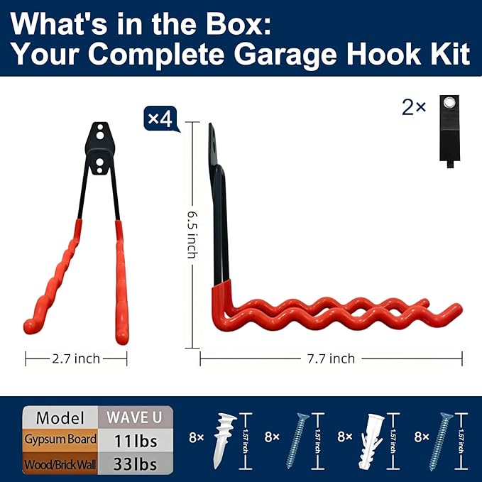 CBWLWJ 4 Pack Heavy Duty Wall Hooks for Hanging - Anti-Slip Coating, Solid Steel 7.7 Inch Wave Garage Hooks for Ladder, Bikes, Tools and More(Orange)