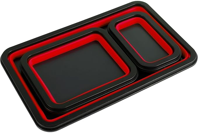 Collapsible Magnetic Parts Tray Set of 3 Different Size, Foldable Silicone Tool Trays for Screws, Bolts, Nuts and Other Small Metal Parts (Red)