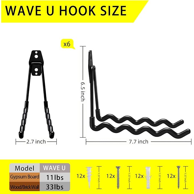 6 Pack Garage Hooks Heavy Duty with Anti-Slip Coating, Steel Utility Wave Hooks for Hanging Ropes, Bikes, Garden Tools, Hoses and More (Black)