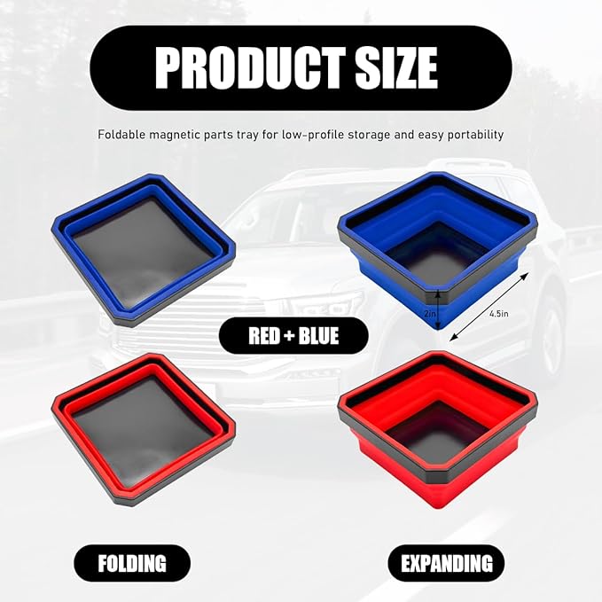 2PCS Collapsible Magnetic Parts Tray, 4.5" Square Silicone Tool Tray with Double-Sided Magnetic Base, Foldable Bowls Small Metal Parts Holder for Screws Bolts Nuts Washers (Red+Blue)