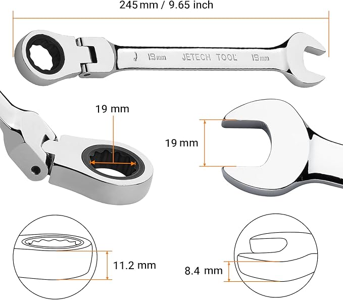 Jetech 19mm Flex-Head Ratcheting Combination Wrench, Premium Industrial Grade Spanner 72-Tooth Cr-V Steel - 180 Degree Flexible Box End Perfect for Tight Spaces, Auto & DIY Repair