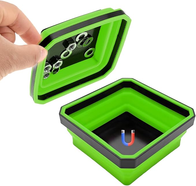 Collapsible Magnetic Parts Tray, 4.5" Square Silicone Tool Tray with Double-Sided Magnetic Base, Foldable Bowls Small Metal Parts Holder for Screws Bolts Nuts Washers (Green)