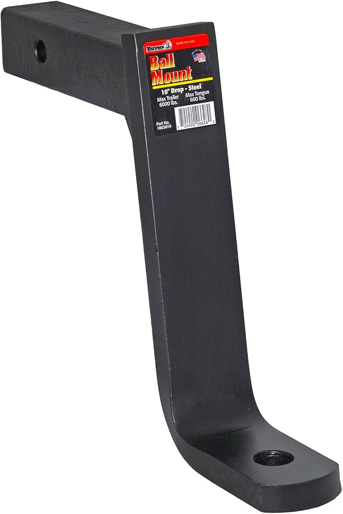 Buyers Products 1803019 Solid Shank Trailer Hitch Ball Mount, Fits 2-In Receiver, 10-1/4 In Drop, 9-In Rise, 10.28 In Length, 6,000 MGTW, 600 MVL, Accepts 1-In Diameter Towing Balls, Black Powdercoat