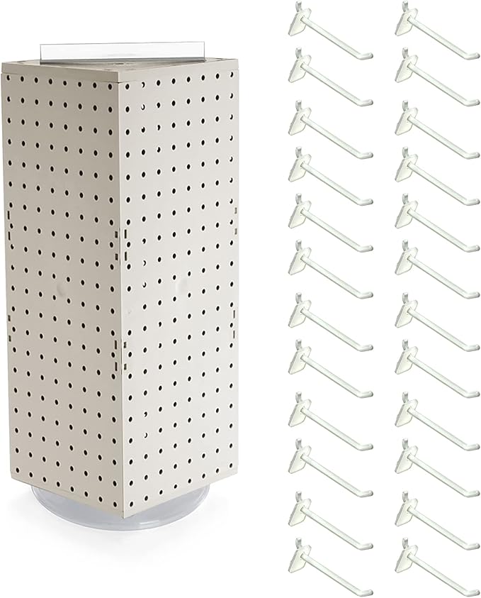 Azar Displays 703385-WHT-4W24, Four-Sided Revolving 8"W x 20"H Pegboard Counter Display w/ 24 Hooks- 4” Length, White