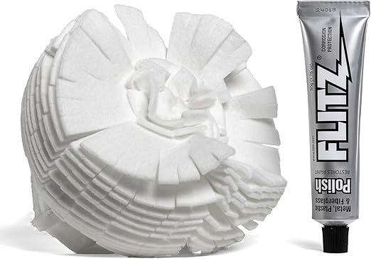 Flitz Buff Ball w/ 1.76oz Metal Polish Paste - 5in Drill Buffer Polisher Attachment for Any 3/8in Drill - Self-Cooling, Washable Polishing Ball to Buff, Shine, & Protect All Metals, Plastics (1 Pack)