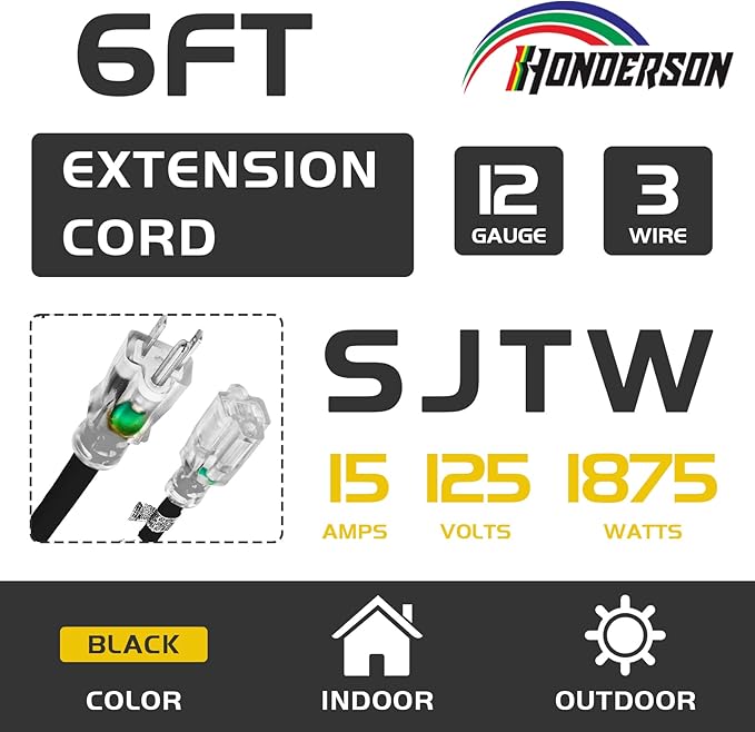 Indoor Outdoor Extension Cord Weatherproof with Lighted End, UL Certified, 12 Gauge 6FT Black 3 Prong Heavy Duty, 12/3 SJTW 15A Power Cord for Outdoor Lights, Lawn