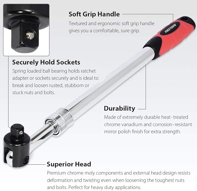 FIRSTINFO F32242D 1/2-Inch Drive Premium Breaker Bar with Ratchet Adapter, 24-1/2 Inch Length Extended Leverage, 230 Degrees Flexible Head