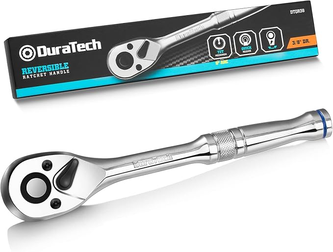 DURATECH 3/8-Inch Drive Ratchet, Quick-Release Ratchet Wrench, 72-Tooth, Reversible Switch, Full-Polished Chrome Plating, Alloy Steel
