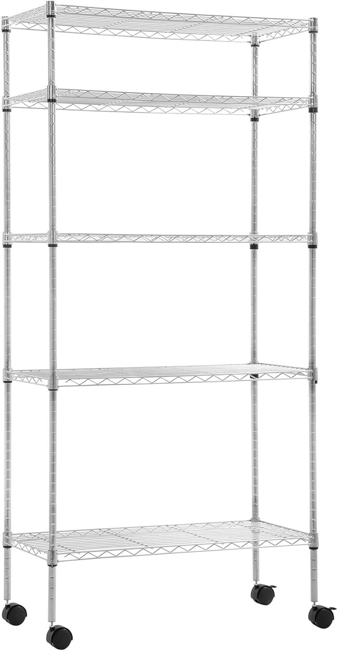 BestOffice 14"x30"x60" Storage Shelves Heavy Duty Shelving 5 Tier Layer Wire Shelving Unit with Wheels Metal Wire Shelf Standing Garage Shelves Storage Rack,Adjustable NSF Certified (Chrome)