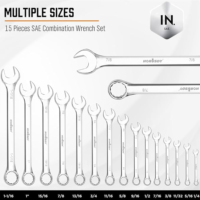 HORUSDY 15-Piece SAE Wrench Sets, Premium Combination Wrench Set Metric 1/4in-1 in, Max Torque, 12-Point, Chrome Vanadium Steel, with Storage Rack