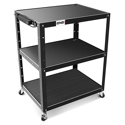 DNA Motoring 3-Layer Utility Steel AV Cart with Wheels Power Strip, 35" x 25" x 24"-42" Height Adjustable Rolling Projector Cart,TOOLS-00137
