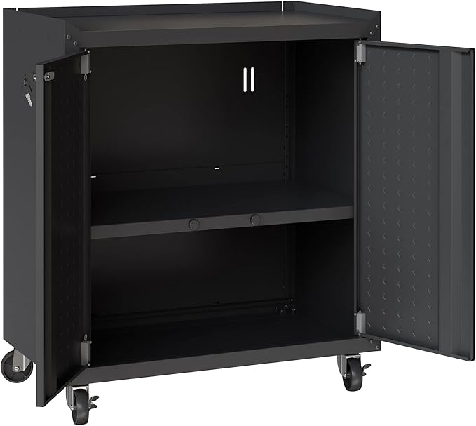 Manhattan Comfort Fortress Textured Metal 31.5" Garage Mobile Cabinet with 2 Adjustable Shelves in Charcoal Grey
