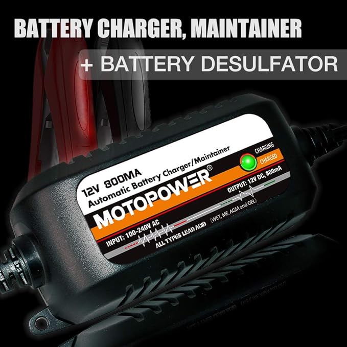 MOTOPOWER MP00205C 12V 800mA Automatic Battery Charger, Battery Maintainer, Trickle Charger, and Battery Desulfator