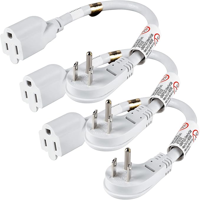 VSEER 1Feet 1625W 13A UL SJT 16AWG Flat Plug Heavy Duty Extension Cord Outlet Saver 3-Prong Grounded Short 90 Degree Angle Adapter Power Extension Cord,UL Listed (White, 3 Pack)