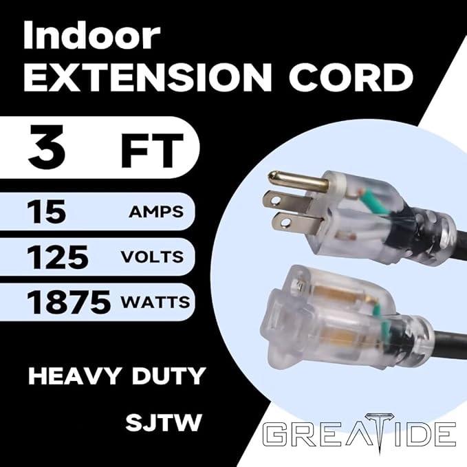 Indoor Extension Cord with Lighted End, 12 Gauge Heavy Duty Extension Cord 3 FT, 3 Prong Grounded 15 Amp Extension Cord, 12/3 SJTW Power Cord for Garage, Garden, Appliance, UL Listed, Black