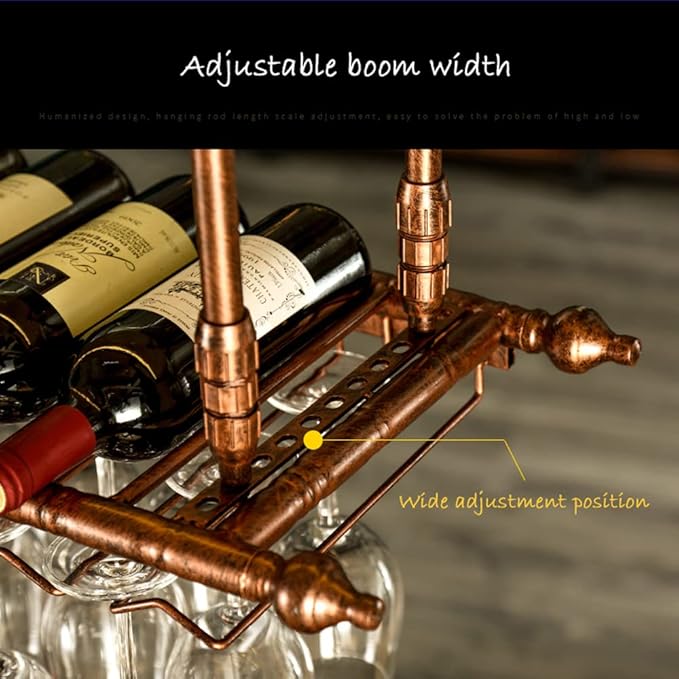 2-in-1 Industrial Wine Rack, 47.3" Adjustable Metal Pipe Wine Bottle Storage Rack with Glass Holders & Shelf, Space-Saving Vertical Installation for Kitchen Bar, Brown
