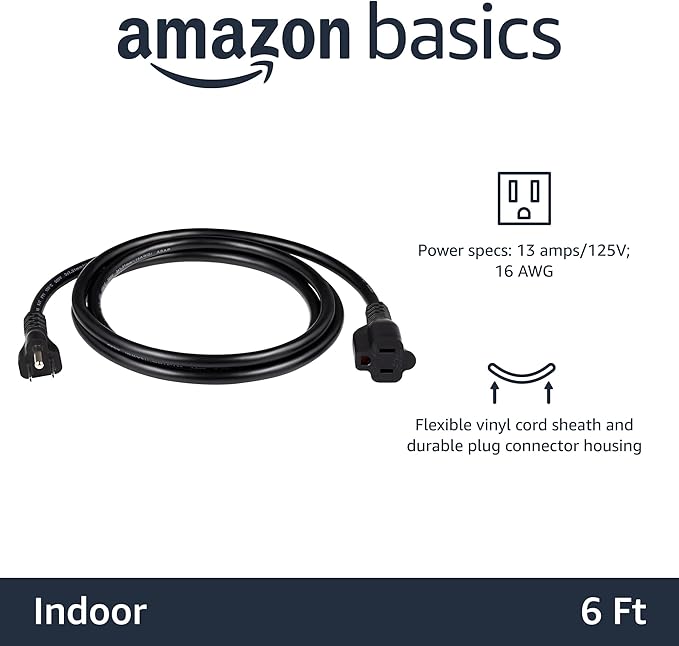 Amazon Basics Indoor Extension Cord, 3 Prong Outlet Extender Power Cord, 13 Amps, 125V, 6 Foot, Black, 2-Pack
