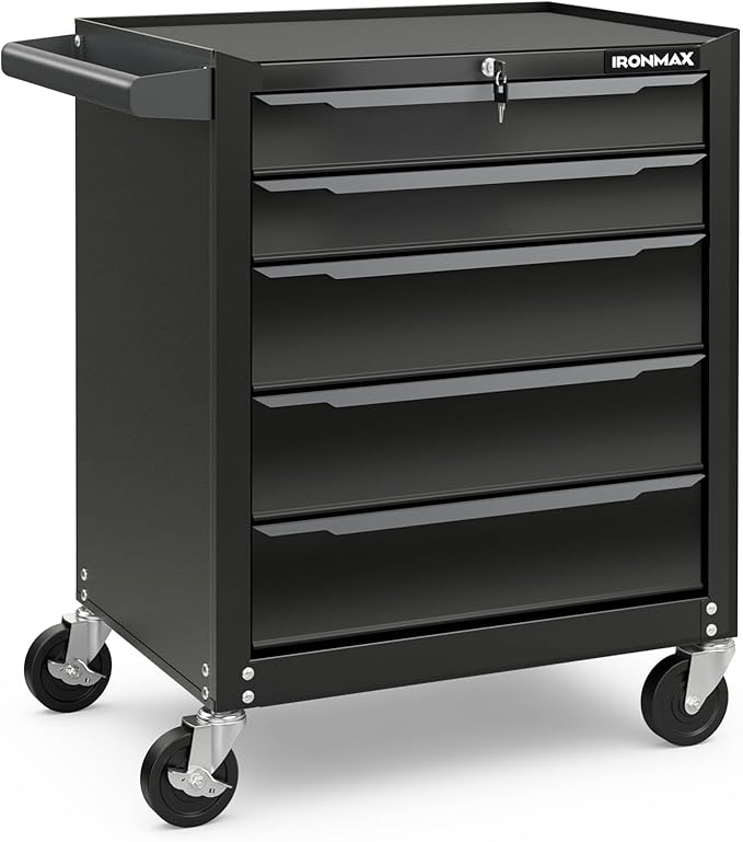 Goplus 5-Drawer Rolling Tool Chest, Steel Tool Storage Cabinet with Handle, Hanging Holes, Central Keyed Locking System, Universal Lockable Wheels, Tool Organizer Box for Garage Workshop