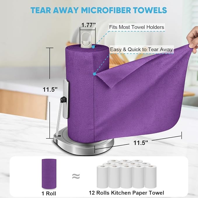 AIDEA Microfiber Cleaning Cloth Roll, 50PK, Reusable Paper Towels Tear Away Cloth, Microfiber Towels for Cars, Lint Free Cleaning Rags for House, Kitchen, Window, 11.5"×11.5", Purple