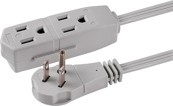 GE 3-Outlet Flat Extension Cord 8 Ft Grounded Extension Cord with Multiple Outlets 3 Prong Outlet Extender Flat Plug Indoor Power Strip 16 Gauge UL Listed Gray 43027