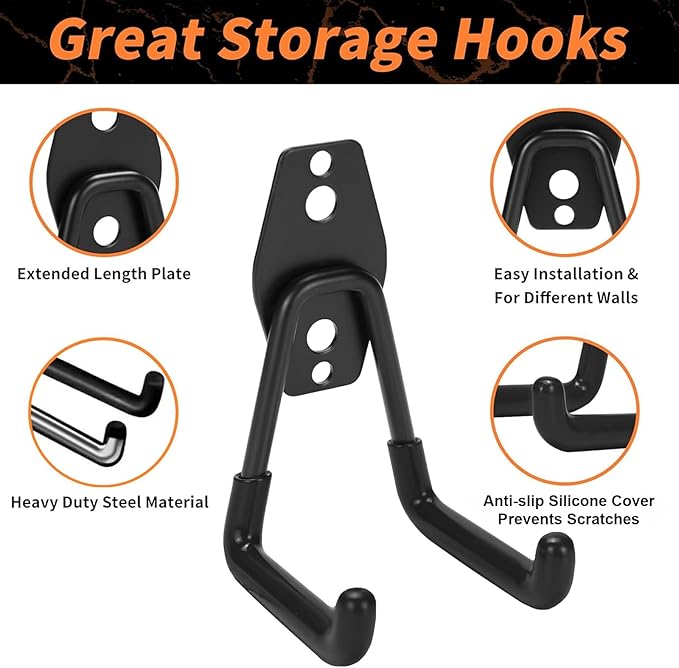 12 Pack Garage Hooks Heavy Duty, Wall-Mount Storage Hooks with Non-Slip Coating, Includes Screws & Anchors + 2 Extension Cord Straps, Shed Hooks for Hanging Bikes, Ladders, Garden Tools, Hoses, Ropes