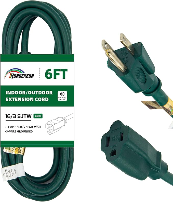 6FT Outdoor Extension Cord-16/3 SJTW Durable Green 3 Prong Grounded Plug Power Cord for Safety,Great for Outside Christmas Decorations