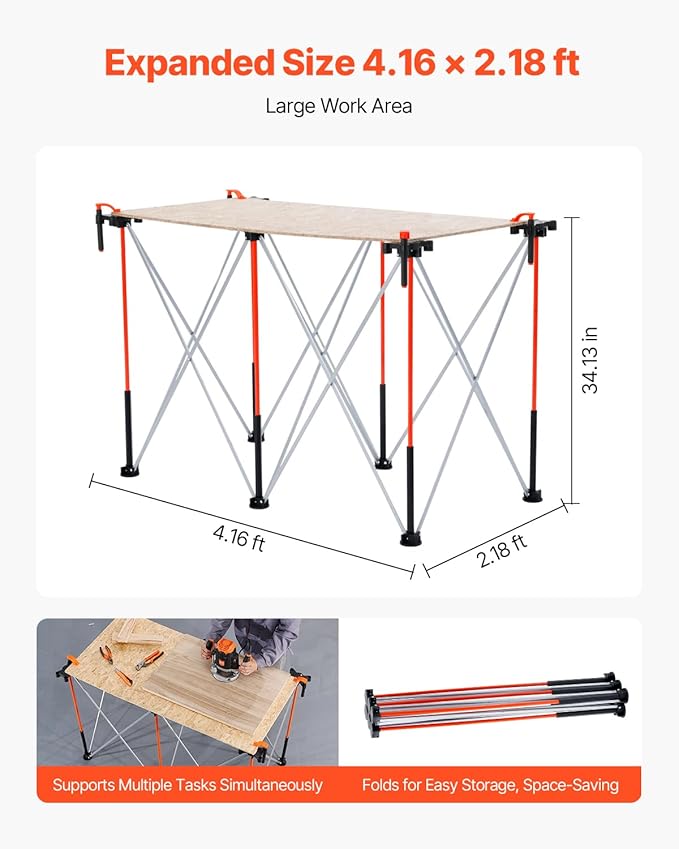 VEVOR Portable Folding Workstand, 4.16 x 2.18 ft Collapsible Workbench, 2500 lbs Weight Capacity, No Assembly Foldable Work Stand with Storage Bag, Table Top NOT Included, for Garage Workshop Outdoor